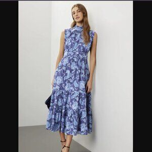 -PRE LOVED- DEREK LAM BLUE PRINTED SMOCKED MIDI DRESS SZ 38